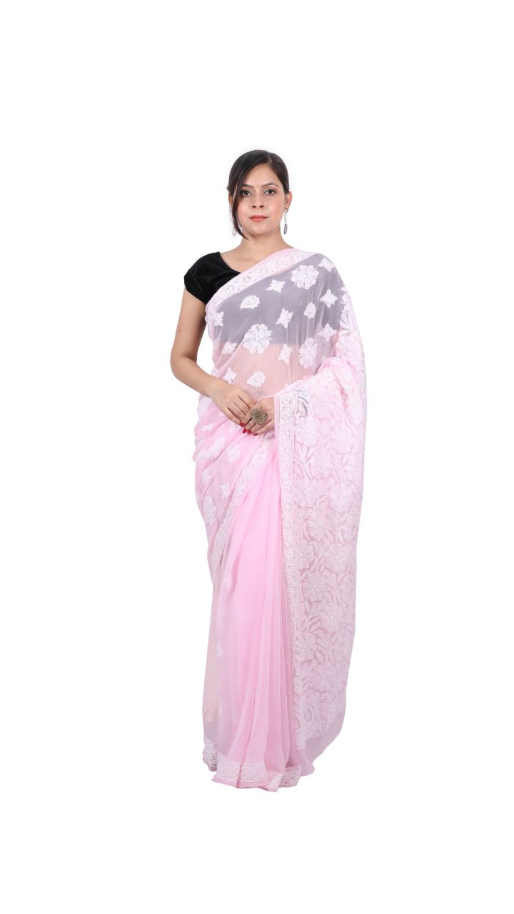 Bandhani and Chikankari Saree - Yellow Pink – Naina Jain